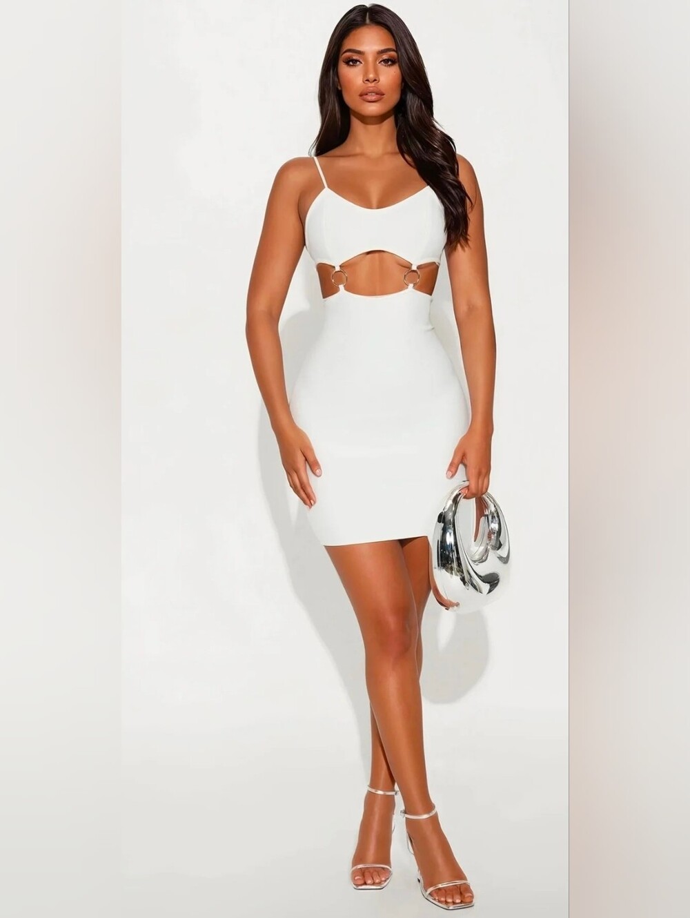 Fashion Nova White Cutout Bandage Bodycon Mini Dress with Silver Ring Details